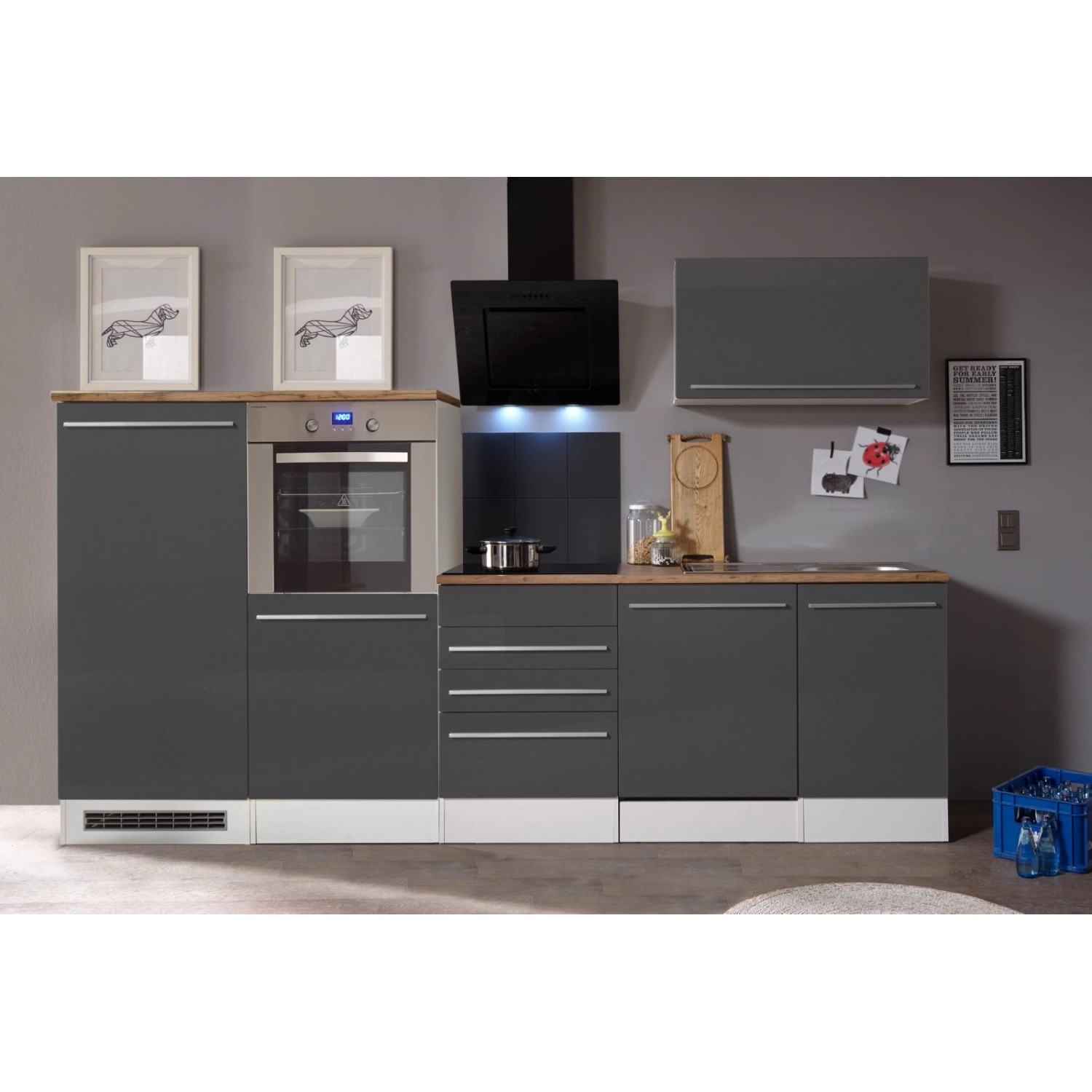 Respekta Premium Küchenzeile/Küchenblock BERP290HWGC 290 cm Grau Hochglanz-Weiß
