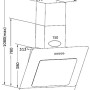 Technische Zeichnung: PKM Dunstabzugshaube 9039X, 60cm, kopffrei, Schwarz Glas, Maße und Details.