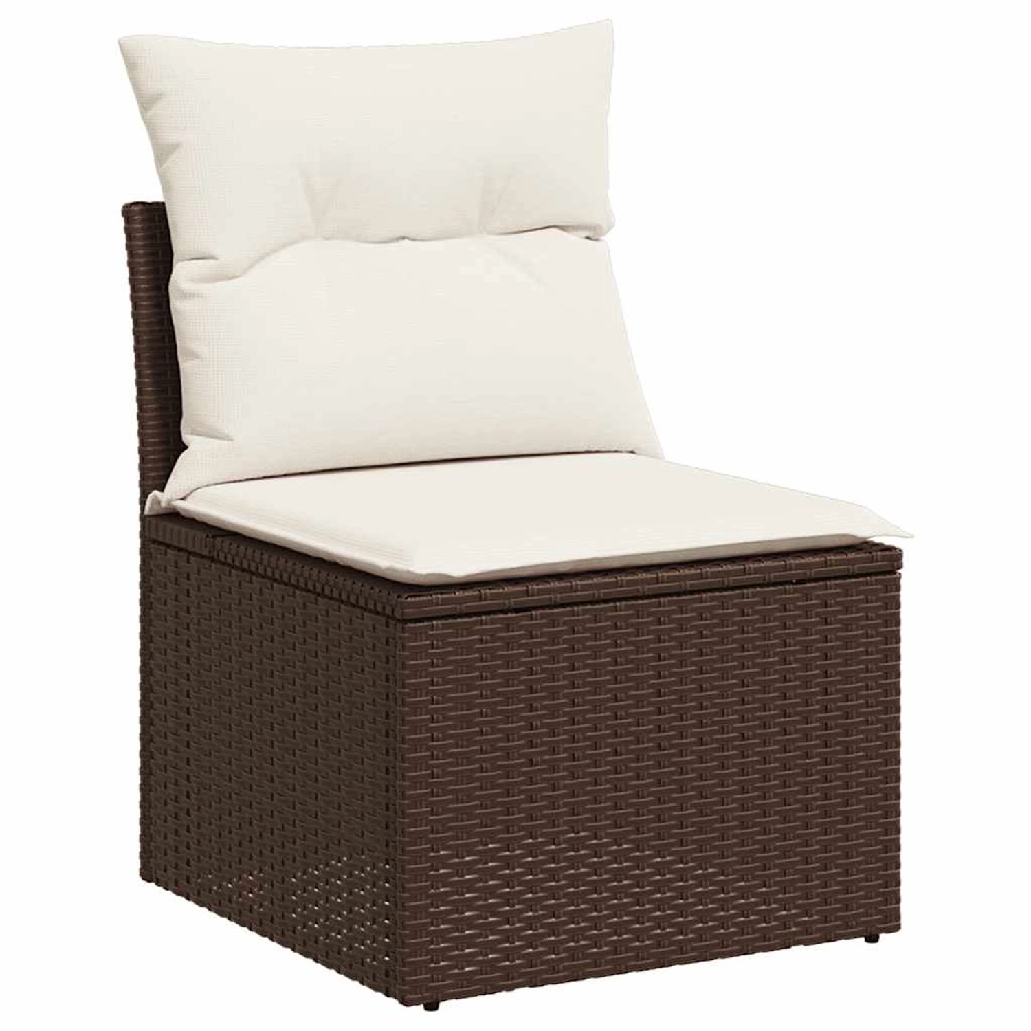 Braunes vidaXL Gartensofa aus Rattan mit cremeweißen Kissen, Teil einer Sofagarnitur.