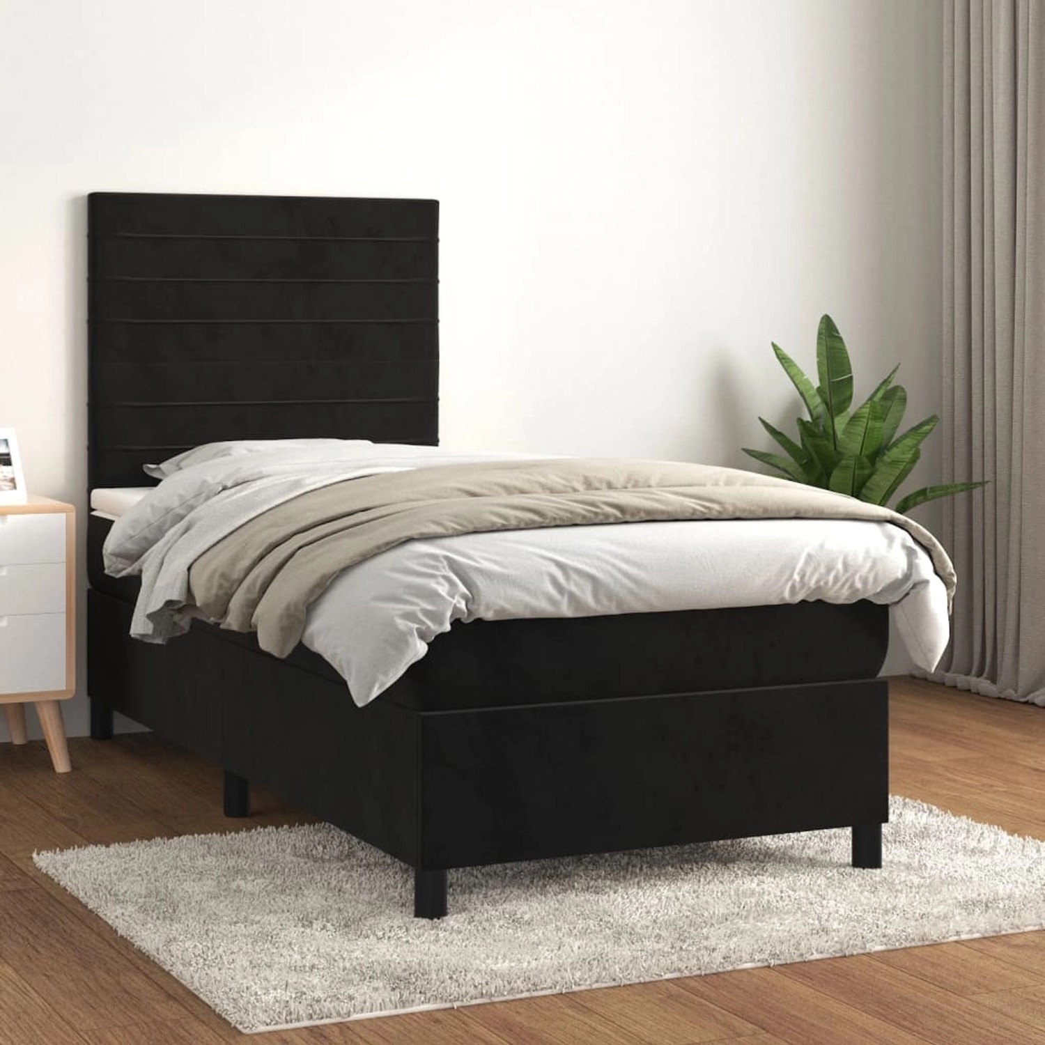 Schwarzes vidaXL Boxspringbett (80x200 cm) mit Matratze und Samtbezug.