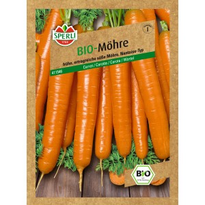Samenpackung Sperli Bio-Möhren Jeanette/Nantaise mit zylindrischen, orangefarbenen Möhren.