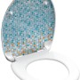 Eisl WC-Sitz Duroplast Mosaik blau-orange mit Absenkautomatik, geöffnet.
