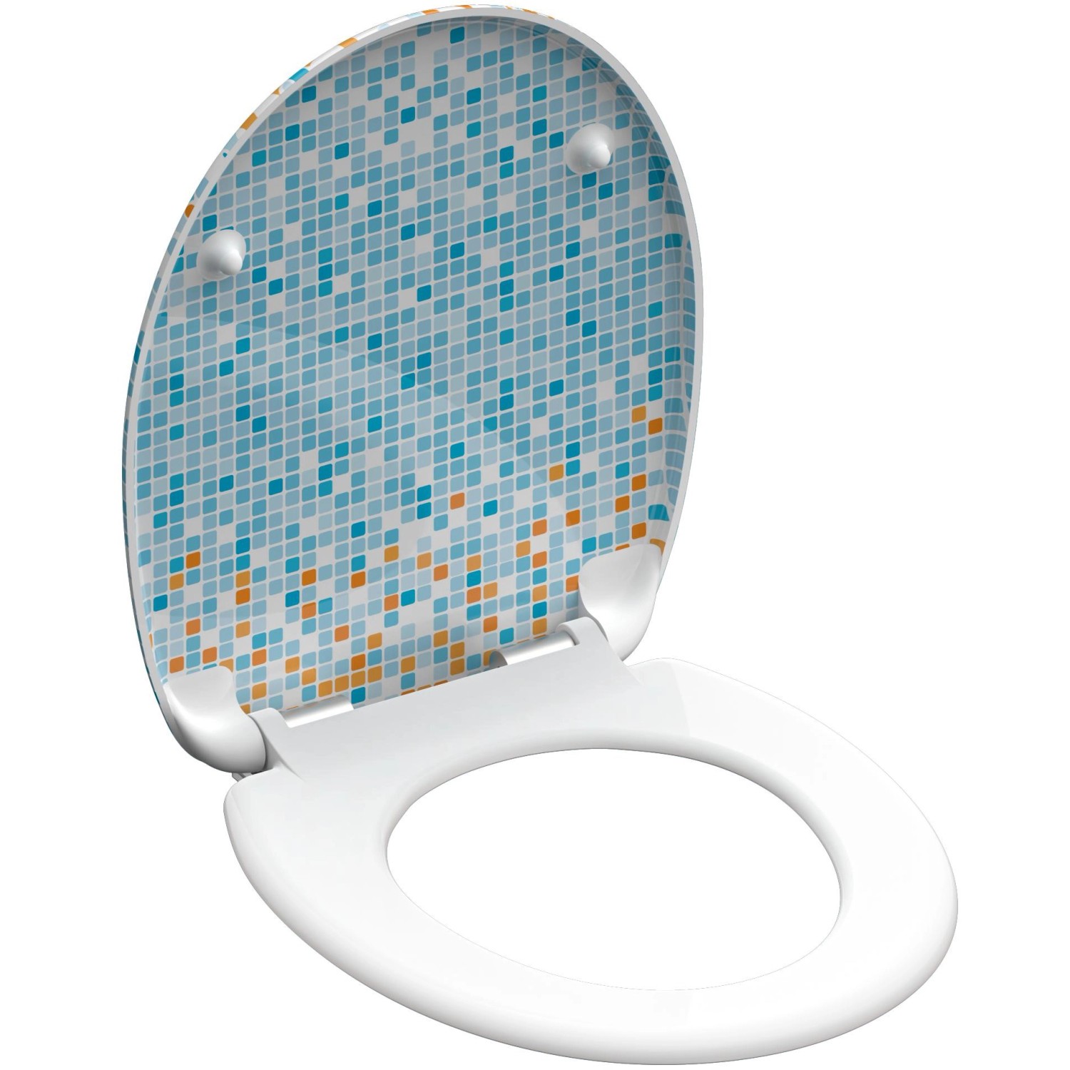 Eisl WC-Sitz Duroplast Mosaik blau-orange mit Absenkautomatik, geöffnet.