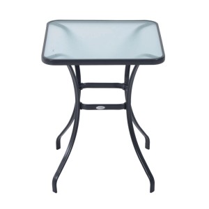 Quadratischer Outsunny Gartentisch aus schwarzem Metall mit Hartglasplatte, 68,5x68,5x84cm.