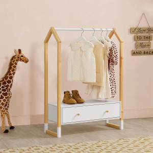Juskys Kinder Kleiderständer Filla mit Schublade, Holzrahmen, weiße Schublade, Kinderzimmer Garderobe.