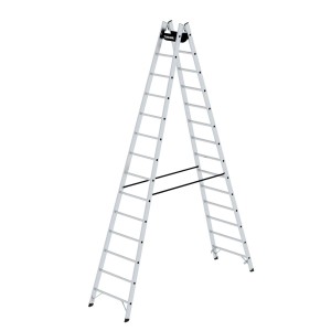 MUNK Sprossenstehleiter 2x14 Sprossen, Aluminium Leiter mit stabilen Scharnieren und Spanngurten.