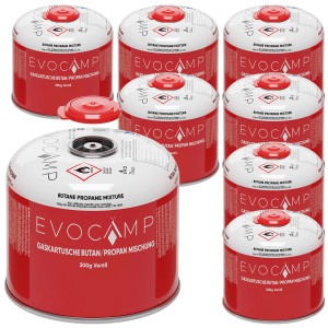 Evocamp Gaskartuschen 8er-Set, 300g Butan/Propan für Campingkocher & Gasgrills.
