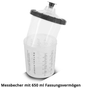 Transparenter STAHLWERK Mischbecher 650 ml mit Skala und Deckel, Zubehör für Lackierpistolen.