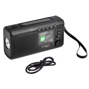 Schwarzes Technaxx Notfall Kurbel Solar DAB-Radio TX-414 mit Display, Taschenlampe, Solarpanel und USB-Kabel.
