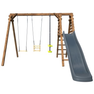 Soulet Holzschaukel Trefle mit Rutsche, zwei Schaukelsitzen und Vis-a-Vis Schaukel.