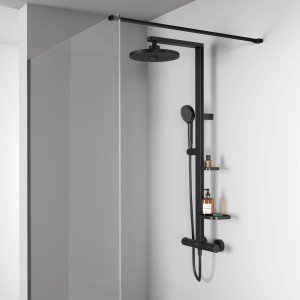 Ideal Standard Brausegarnitur Thermostat, Regen- und Handbrause, Schwarz Matt, mit Ablagen.