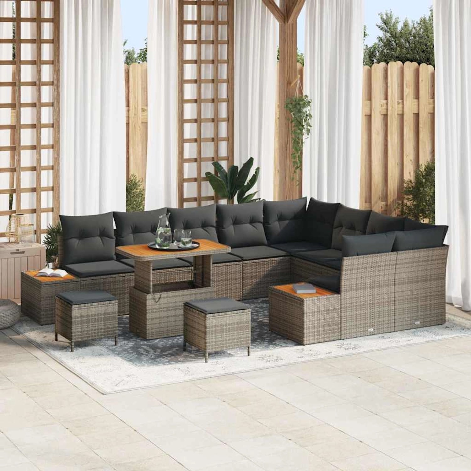 Graues 12-tlg. vidaXL Garten-Sofa-Set aus Poly Rattan mit Tisch und Kissen für Terrasse und Garten.