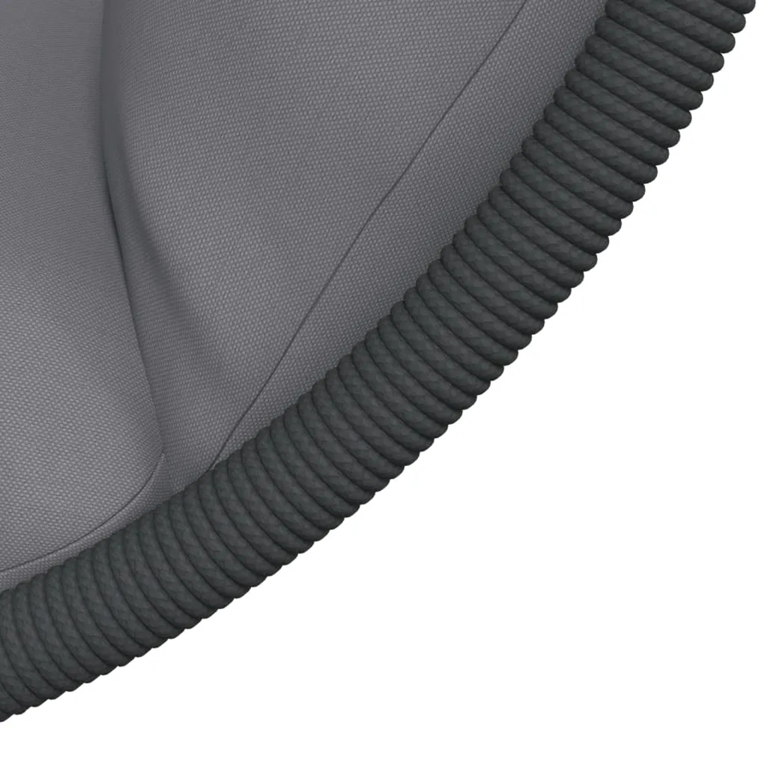 Detailaufnahme: Grauer Hängesessel im Ei-Design mit Rattan und Stahlrahmen.