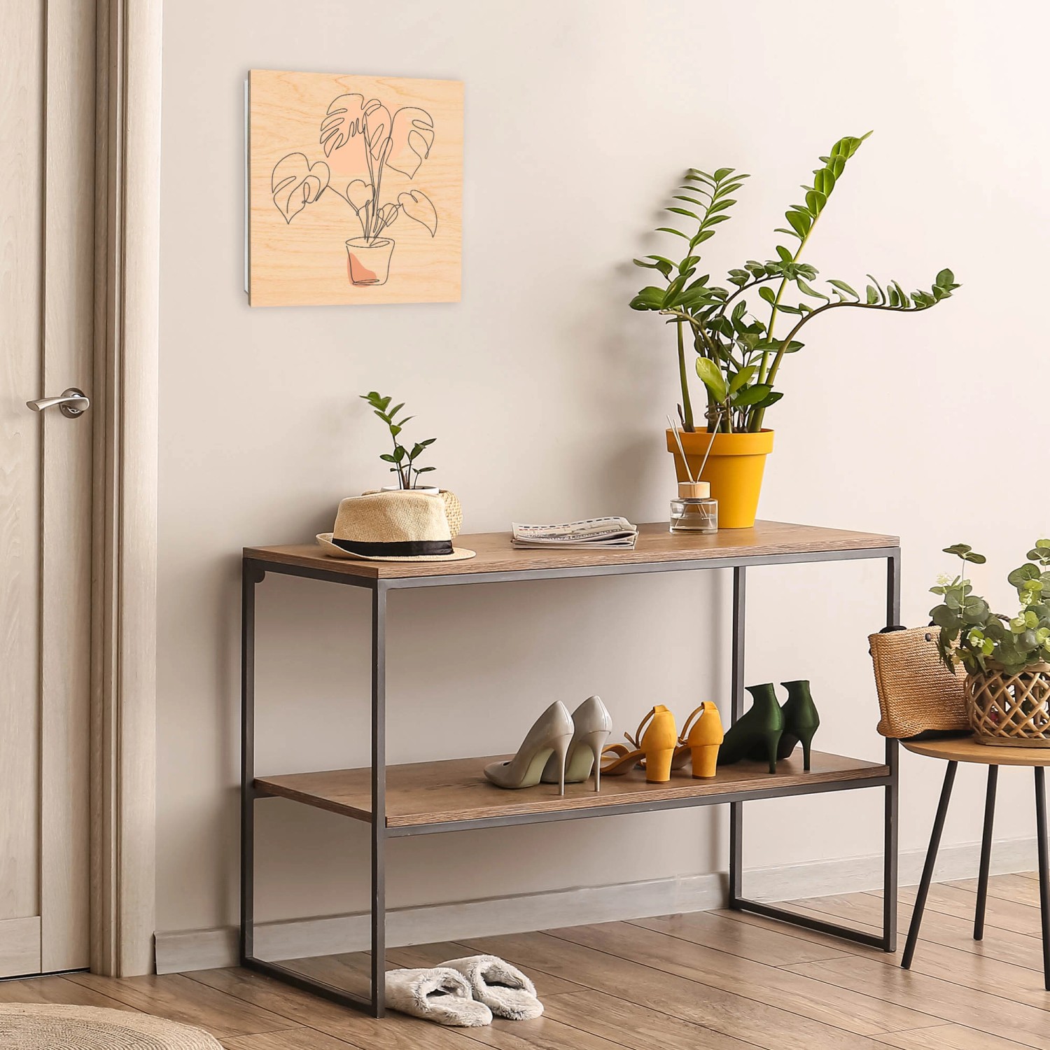 Banjado Schlüsselkasten mit Monstera Skizze, Holzfront, 30x30cm, weiße Schlüsselaufbewahrung mit 50 Haken.