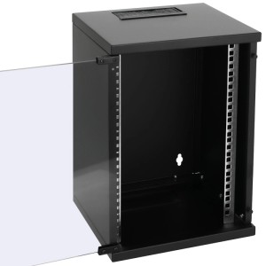 Schwarzer 10 Zoll HMF Serverschrank/Netzwerkschrank (9HE) mit offener Glastür.