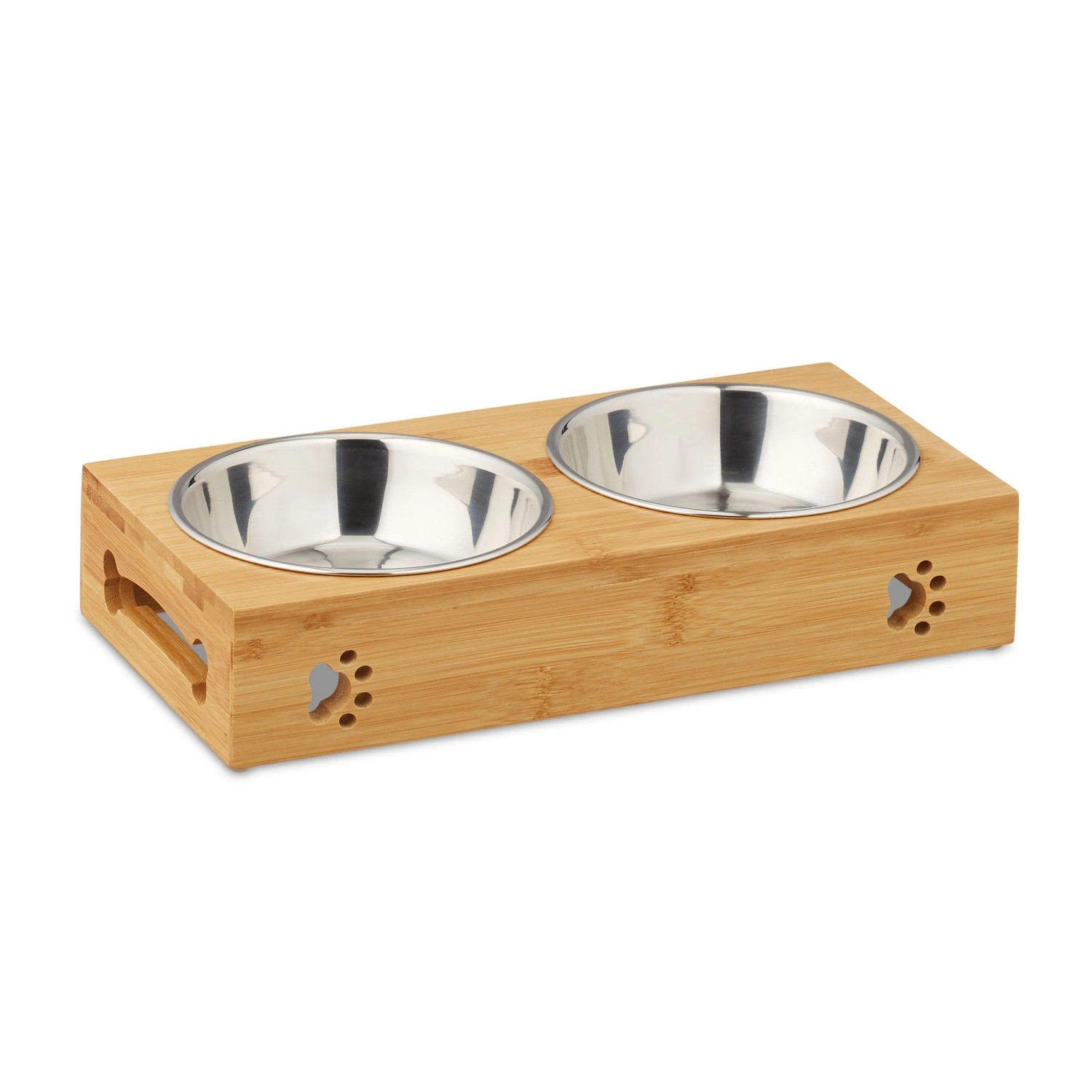 Relaxdays Doppelnapfständer für Hunde Bambus Edelstahl Natur Silber Rutschfest 31,5 cm x 15 cm x 6,5 cm 0,65 kg