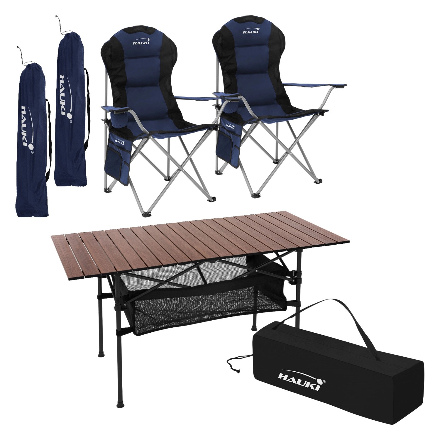 Hauki Campingmöbel Set 3 Teilig Tisch Faltbar Braun mit 2 Stühle Blau günstig online kaufen