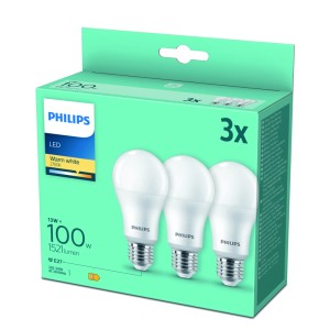 3er-Pack Philips E27 LED-Lampen in Glühlampenform, 13W, warmweiß, in grüner Verpackung.
