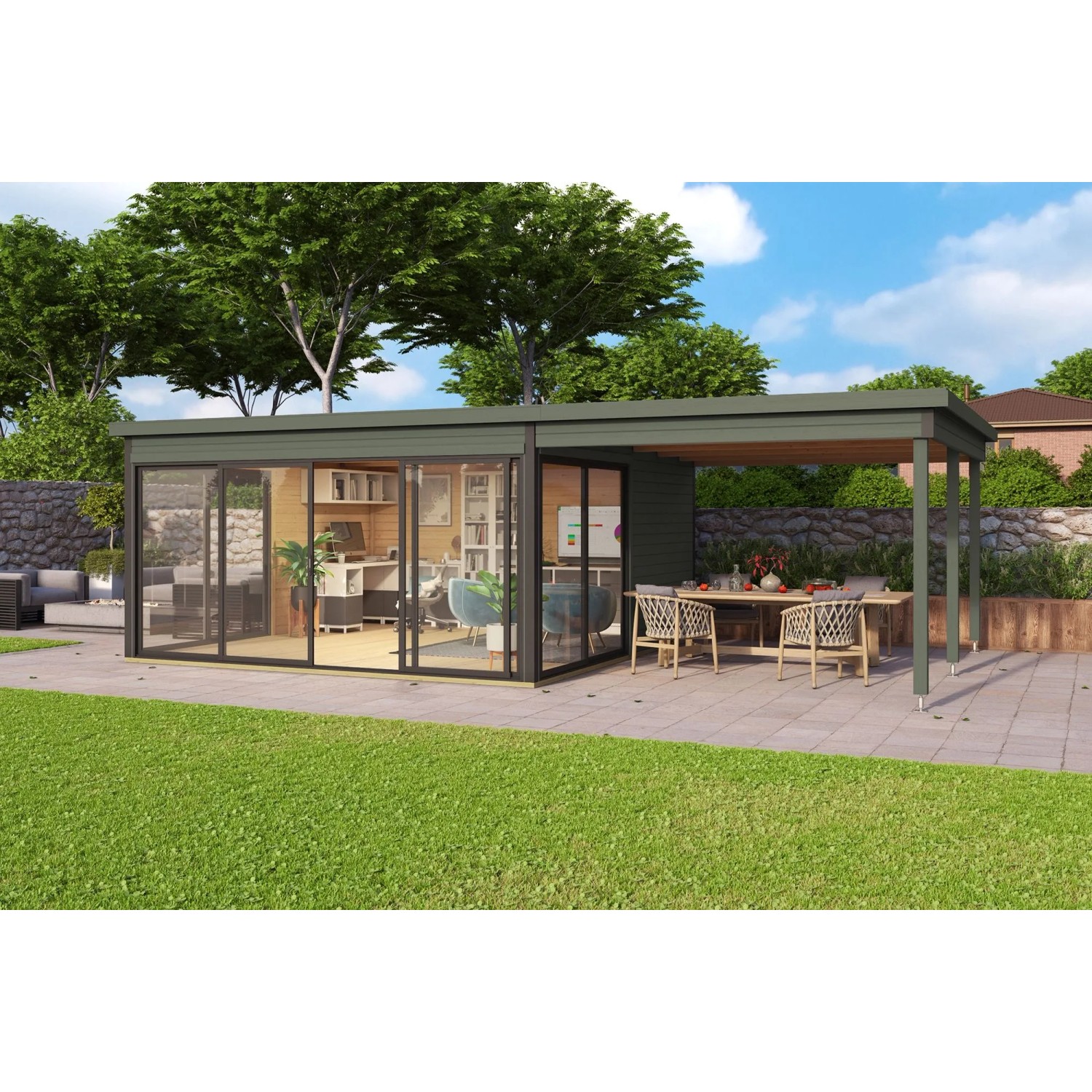 Lasita Dachverlängerung f. Gartenhaus Domeo 5 Grau-Grün 300 cm x 418 cm