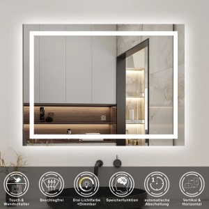 Rechteckiger Aica Sanitär Badspiegel 90x60 cm mit LED-Beleuchtung und Touch-Funktion.