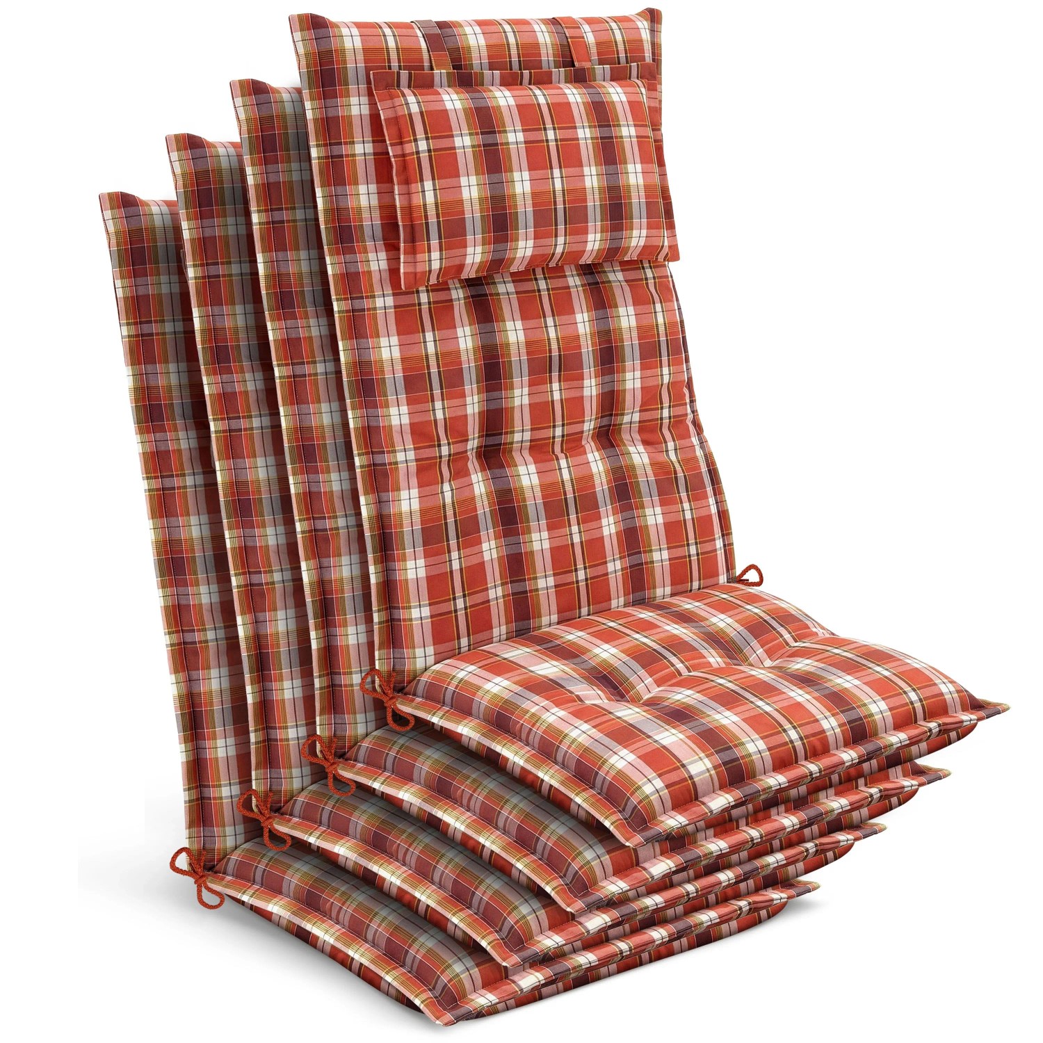Beautissu 4x Gartenstuhlauflage Hochlehner 120x50x7cm Orange-Rot-Grün-Kariert