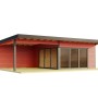 Lasita Maja Ferienhaus Domeo 10, schwedenrot, mit Anbau und großen Glastüren. Holz-Gartenhaus.