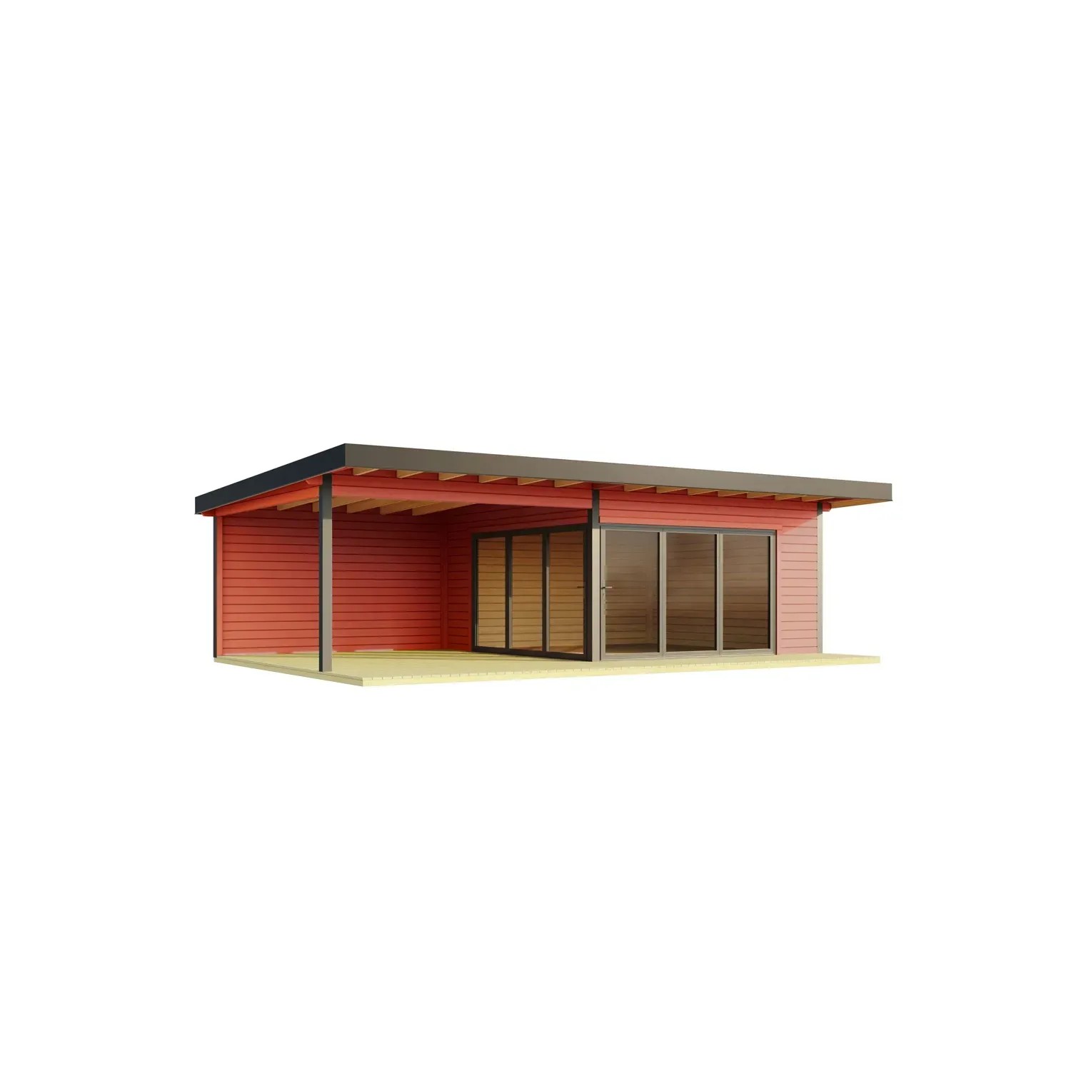 Lasita Maja Ferienhaus Domeo 10, schwedenrot, mit Anbau und großen Glastüren. Holz-Gartenhaus.