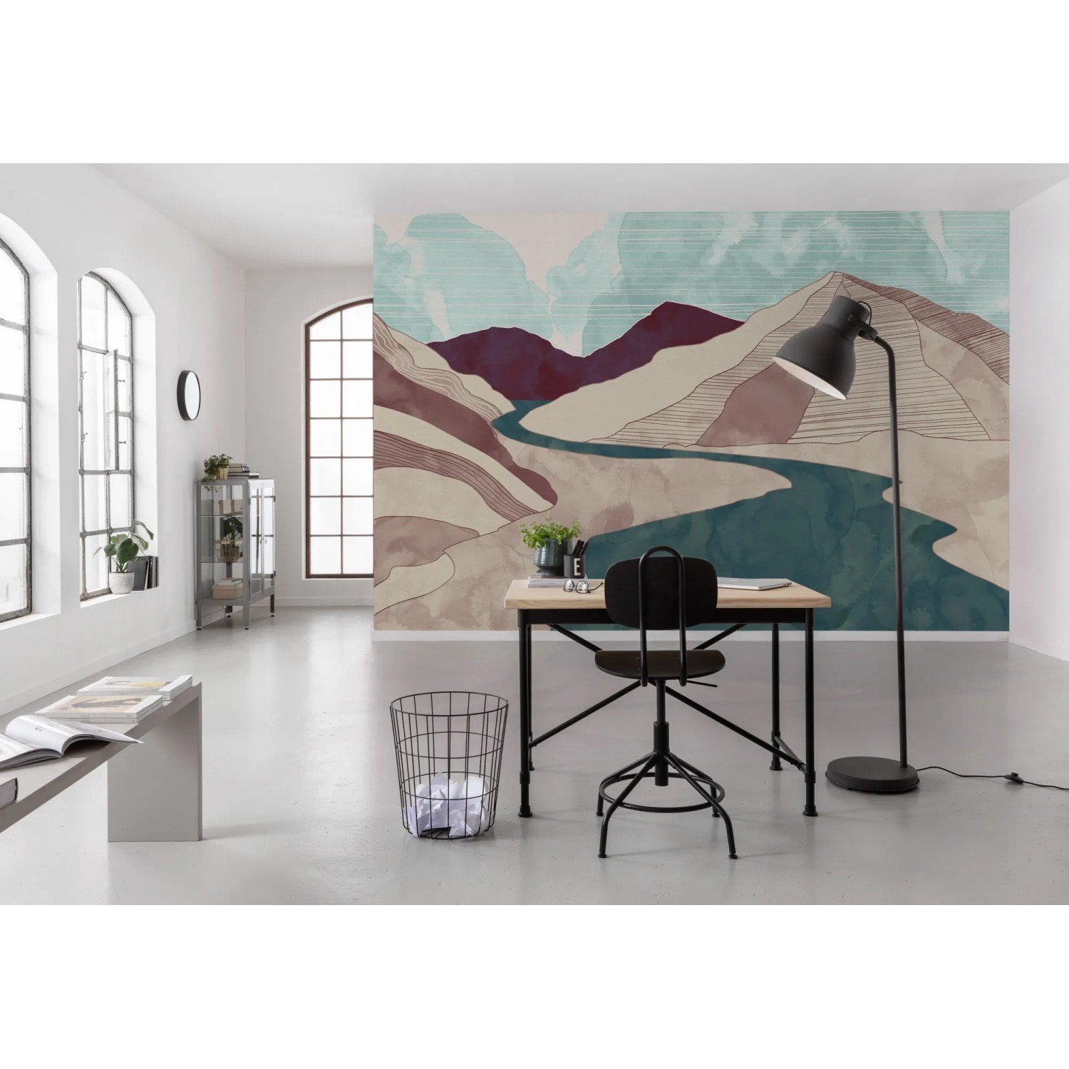 Komar Vlies Fototapete Terra (400x280 cm) mit Berg-Motiv im modernen Arbeitszimmer.