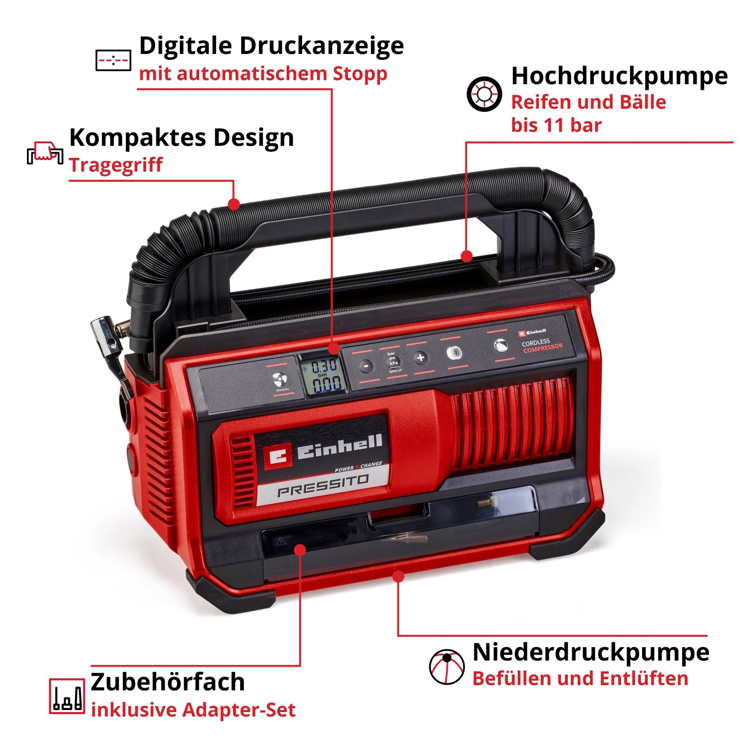 Einhell Akku-Kompressor Pressito 18/25: Kompakter, roter Kompressor mit digitaler Druckanzeige und Tragegriff.