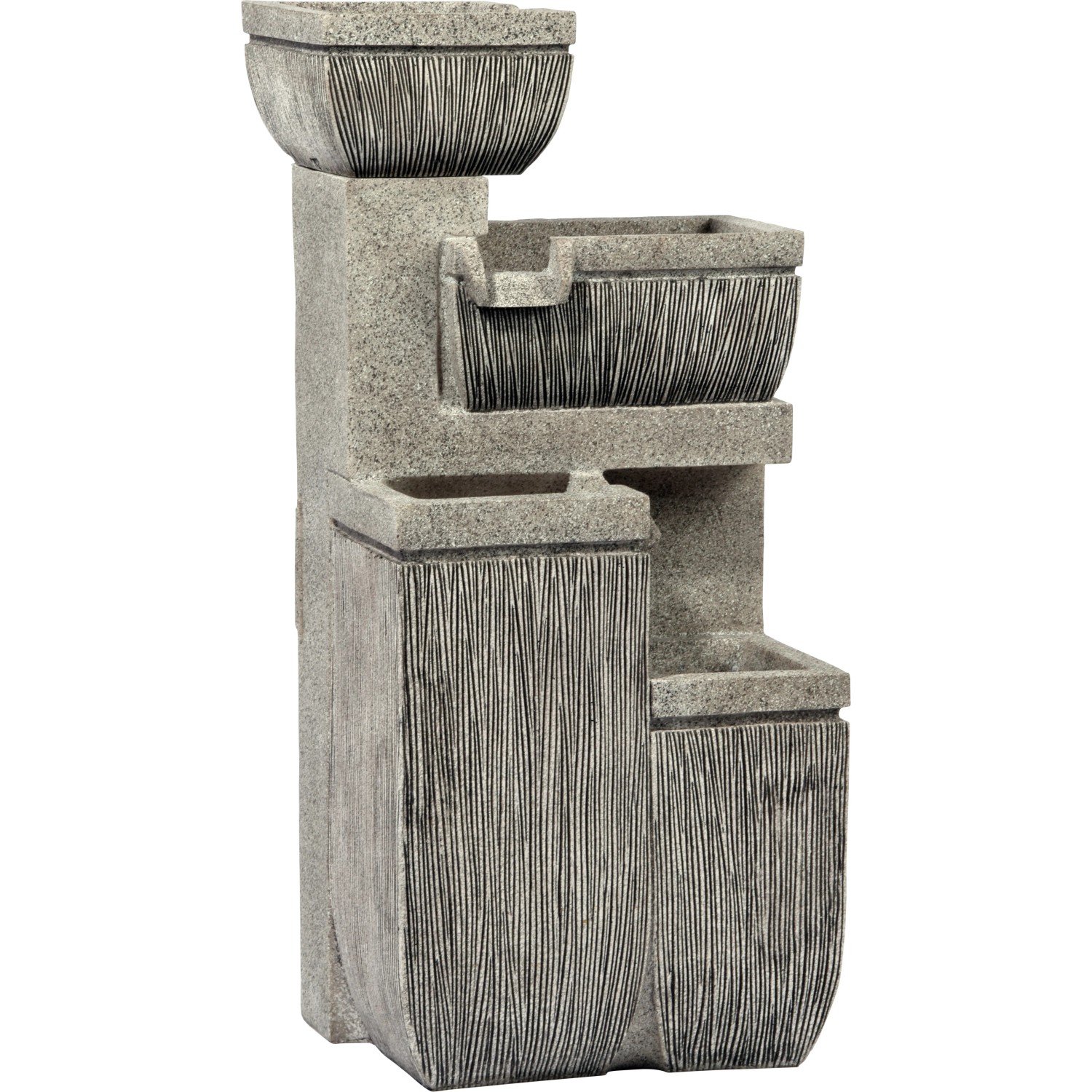 Großer, grauer Design-Gartenbrunnen mit 4 Stufen und LED-Beleuchtung.