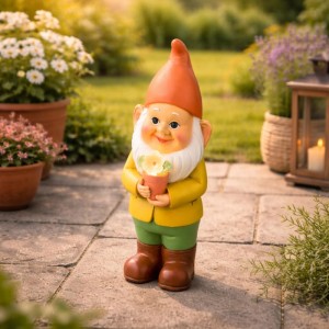 Bunter Solar Gartenzwerg mit orangefarbener Mütze, hält einen Topf mit leuchtender Blume. Charmante Gartendeko & Solarleuchte für Terrasse.