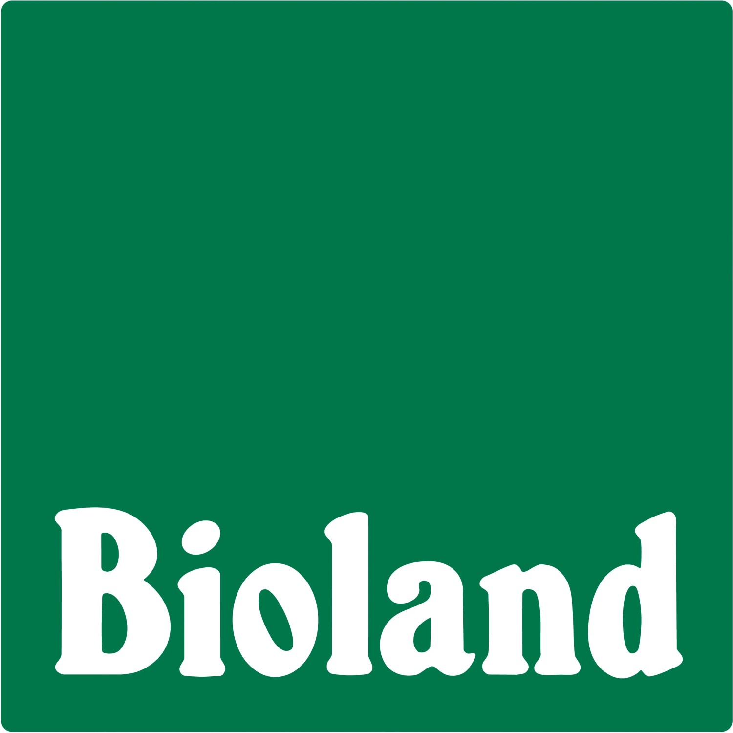 Bioland Logo auf Grün, Qualitätszeichen für Bio-Süßkraut Stevia.