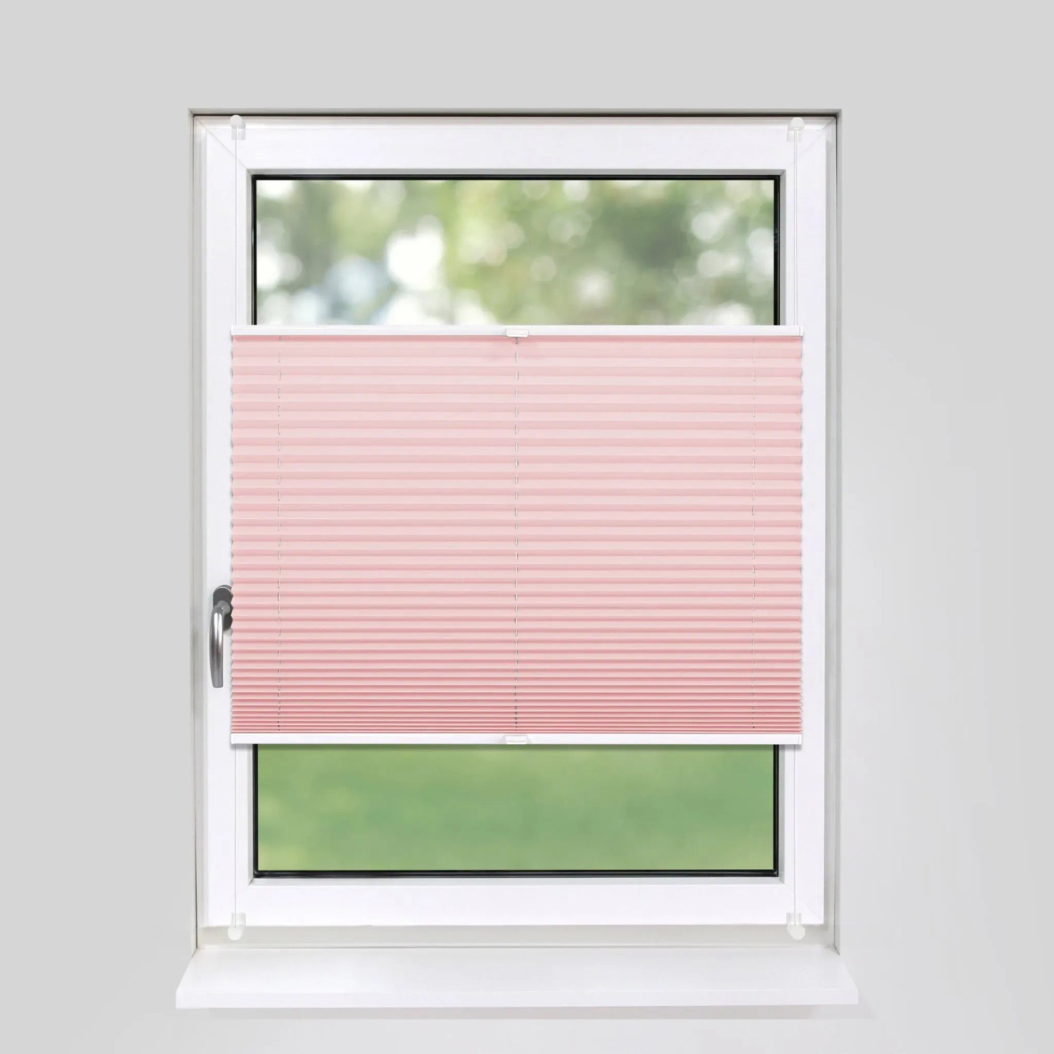 Rosa Deco-Raum Plissee Basic 100x210 cm am Fenster, blickdicht und ohne Bohren montiert.