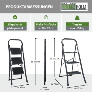 TRUTZHOLM Trittleiter, 3 Stufen, klappbar, anthrazit, mit Maßangaben.