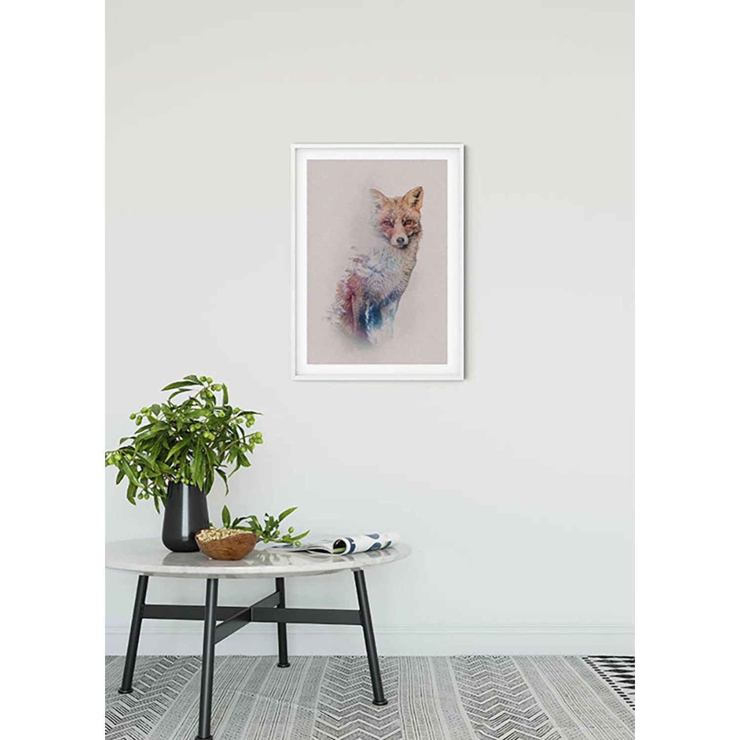 Komar Wandbild Animals Fox, 50x70 cm, mit abstraktem Fuchsmotiv im weißen Rahmen.