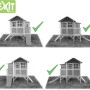 EXIT Loft 350 Holzspielhaus rot, verschiedene Ansichten mit grünen Haken.