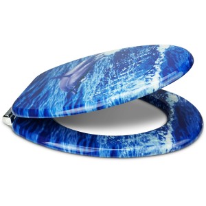 Sanfino WC-Sitz Dolphin: Toilettendeckel aus Holz mit Absenkautomatik und blauem Delfin-Motiv.