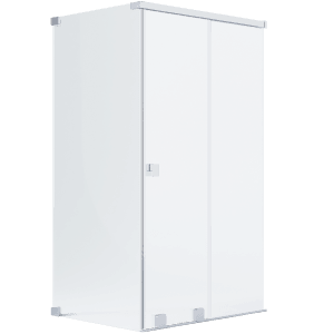 Schöner Wohnen Eckdusche mit Drehtür, Festteil und Seitenwand, silberne Beschläge.
