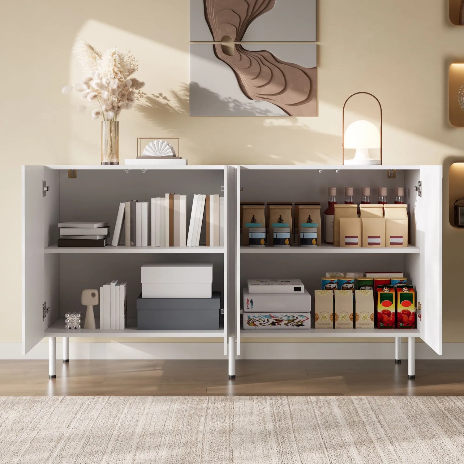 Weißes Merax Sideboard mit offenen Türen, grifflos, zeigt Innenfächer. Moderner PB MDF Wohnzimmerschrank mit Metallfüßen.