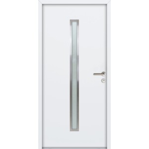 Weiße FM Tür NBT56 Modell 01, 900x2000 mm, mit Glaseinsatz und Edelstahl-Drückergarnitur. Nebeneingangstür.