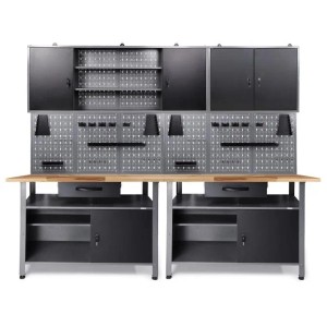 Komplettes Ondis24 Werkstatt Set Klaus mit zwei Werkbänken, Holzplatten, Schränken und Lochwänden für Werkzeugorganisation.