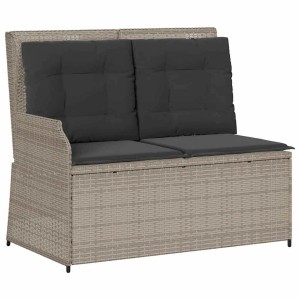 Hellgraue Poly Rattan Gartenbank mit verstellbarer Rückenlehne und dunkelgrauen Kissen. Ideal für Lounge-Gartenmöbel.
