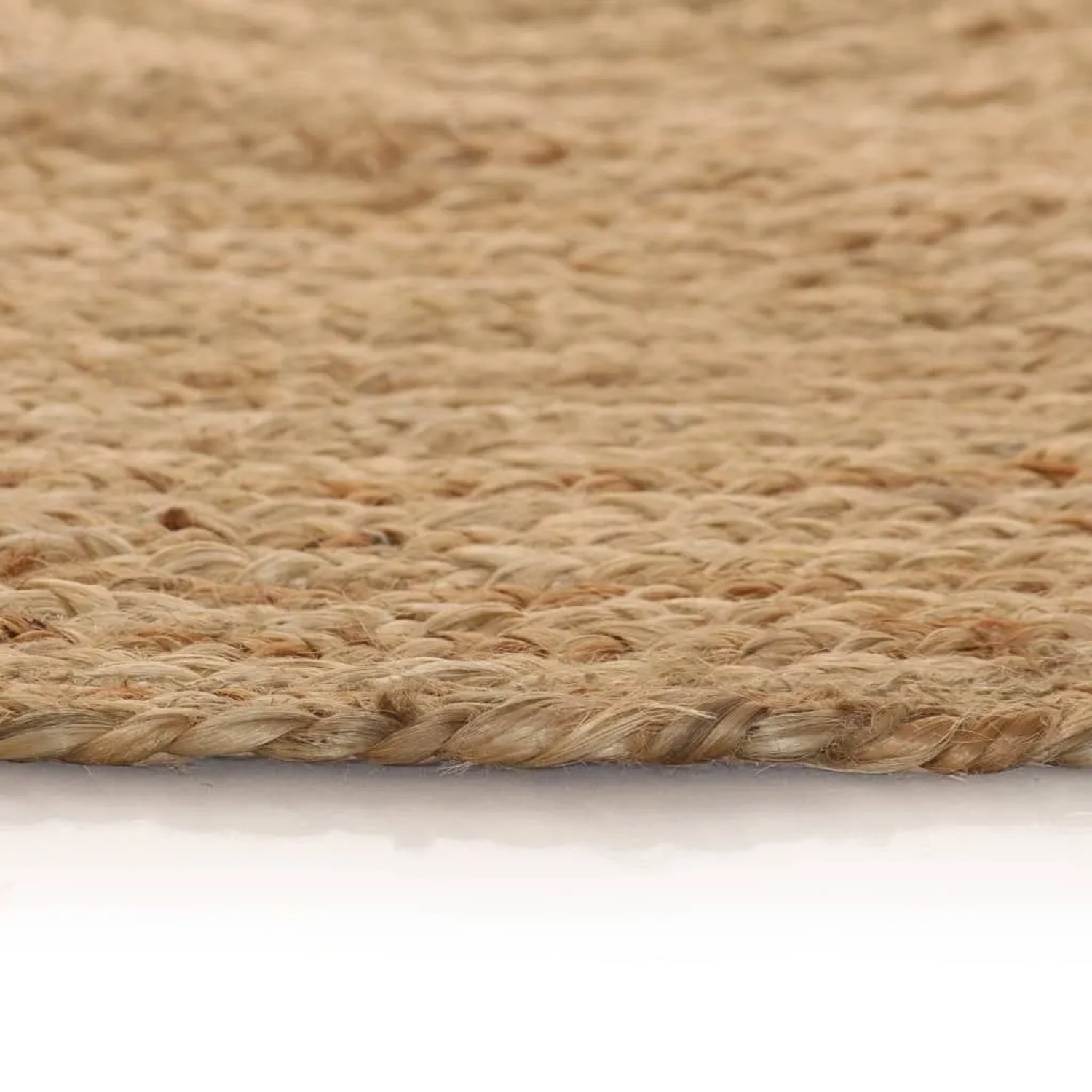 Nahaufnahme eines runden vidaXL Juteteppichs, naturfarben und geflochten, mit sichtbarer Textur.