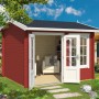 Lasita Maja Gartenhaus Alex, schwedenrot, 300x250 cm, mit geöffneten Doppeltüren und Dachüberstand.
