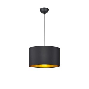 PL Hostel Pendelleuchte, rund, matt schwarz mit goldener Innenseite. Eleganter Stoffschirm für stimmungsvolle Beleuchtung.