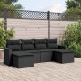 Schwarze 6-tlg. vidaXL Garten-Sofagarnitur aus Poly Rattan mit Kissen im Garten.