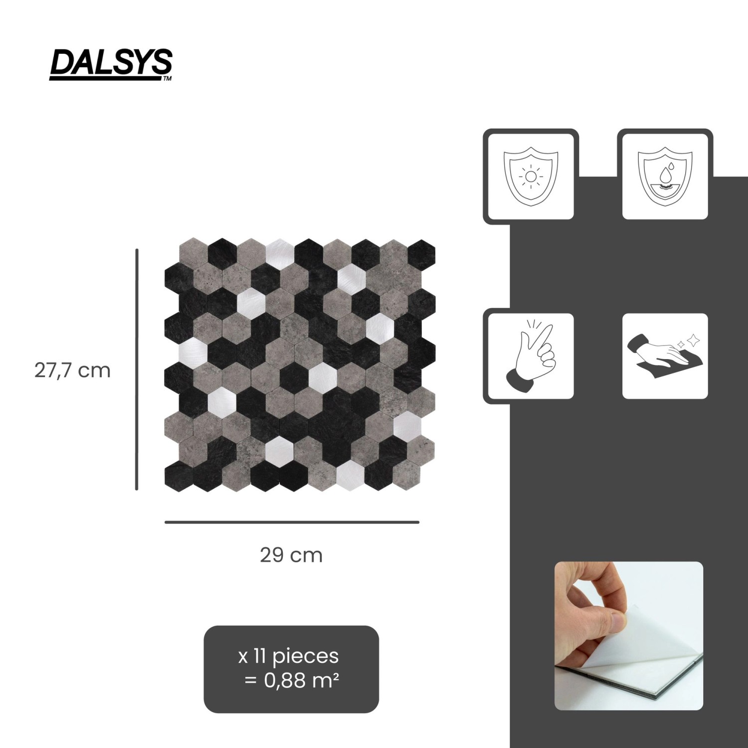 Dalsys Selbstklebende Fliesen 0,88m² 11 Stück Hexagon Schwarz Grau Silber_2