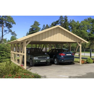 Skan Holz Carport Schwarzwald mit Abstellraum, naturbelassen, für zwei PKW.