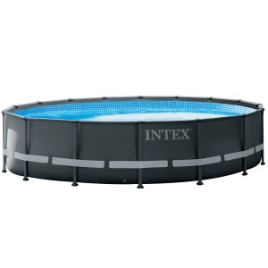 Intex Frame Pool Set Ultra Rondo XTR, Ø 488 cm, Stahlrahmenpool, dunkelgrau mit blauer Innenseite.