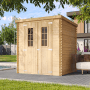 Beige-braunes Timbela Holz-Gartenhaus M309C (3,53 m²) mit Doppeltür und Fenster.